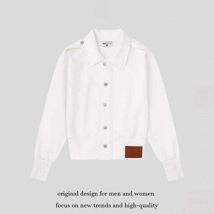 Damen Kurz geschnittene Sweatjacke mit Hemdkragen Schulterklappen und Lederpatch Drune