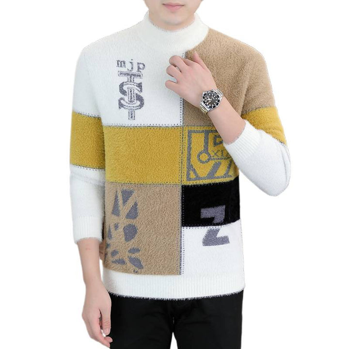 Herren Gemusterter Rollkragenpullover aus flauschigem Bouclé‑Mix mit Patch‑Intarsien Drune