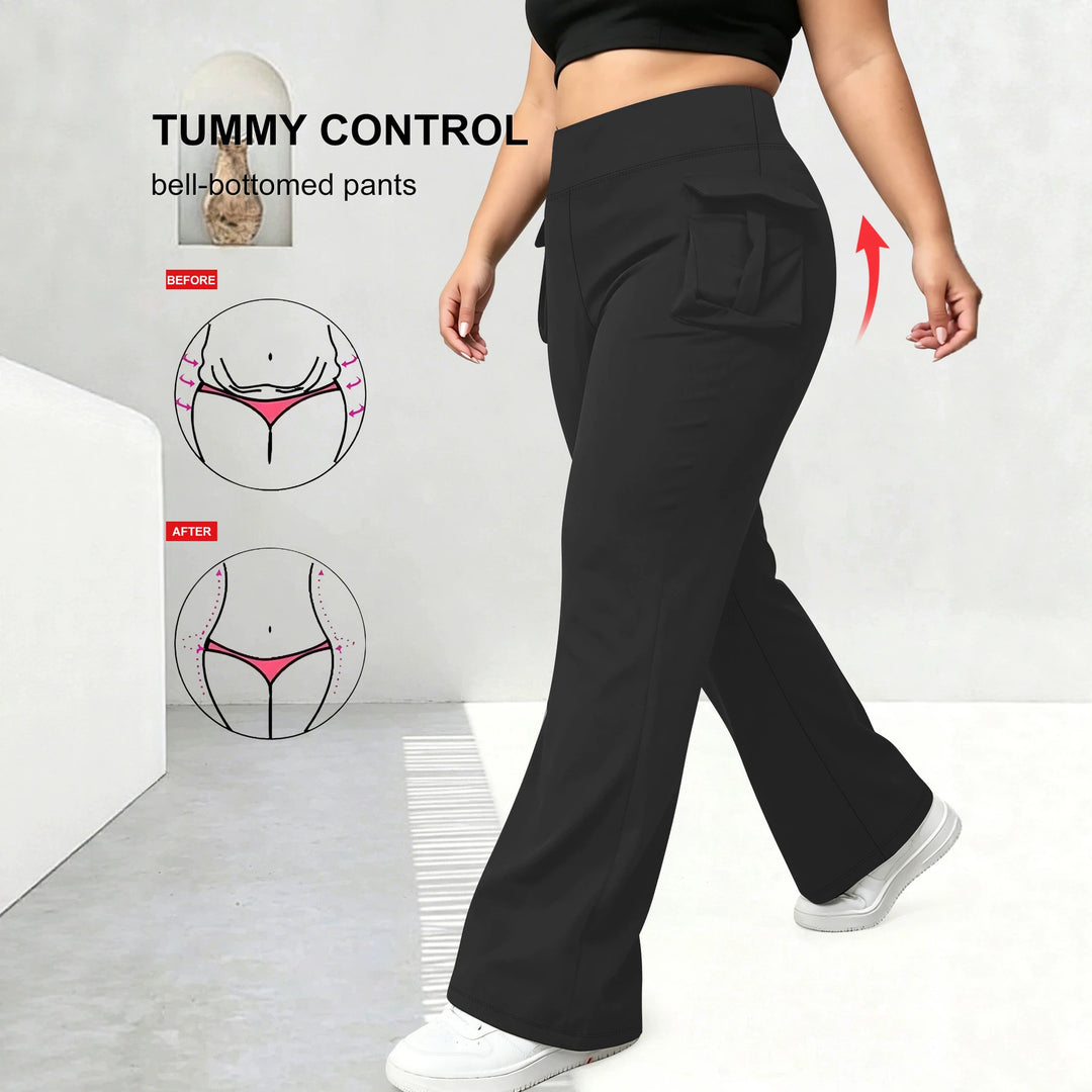 Damen High-Waist Flared-Leggings mit seitlichen Rüschen- und Handytaschen Drune