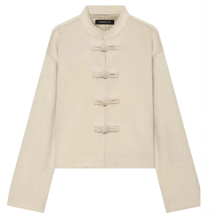 Damen Cropped Jacke im Mandarin‑Stil mit Knebelverschlüssen und kastiger Silhouette Drune