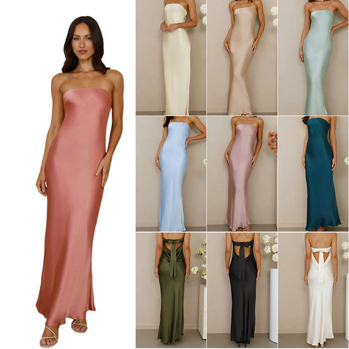 Damen Elegantes schulterfreies Maxikleid aus satinähnlichem Material Drune