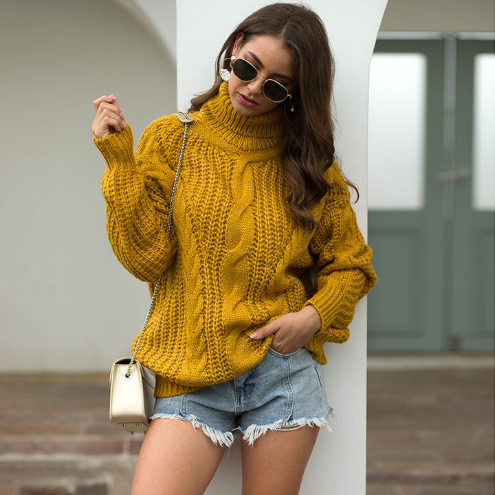 Damen Grobstrick Pullover mit hohem Kragen und strukturiertem Zopfdesign Drune