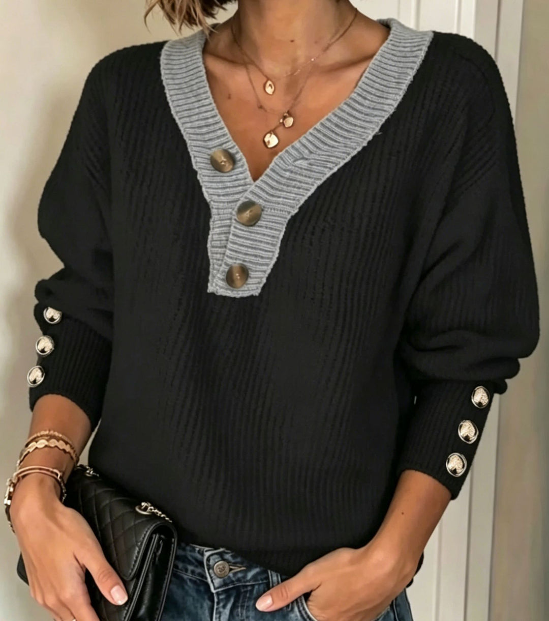 Damen Feinstrickpullover mit tiefem V-Ausschnitt, kontrastierter Knopfleiste und Zierknopf-Ärmeln Drune