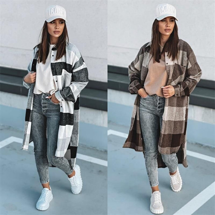 Damen Langer Karo-Wintermantel mit knöpfbarem Design und lockerer Passform Drune