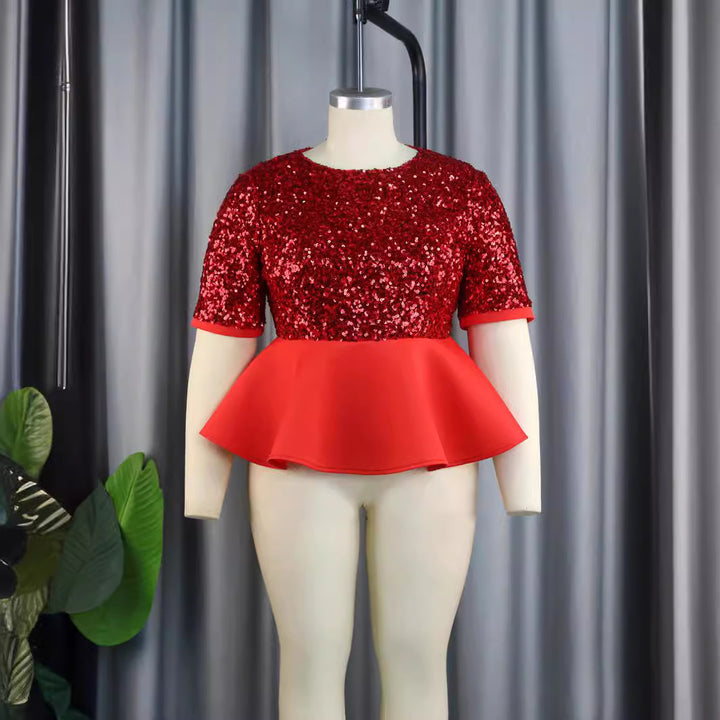 Damen elegantes Glitzeroberteil mit schwingendem Peplum Drune