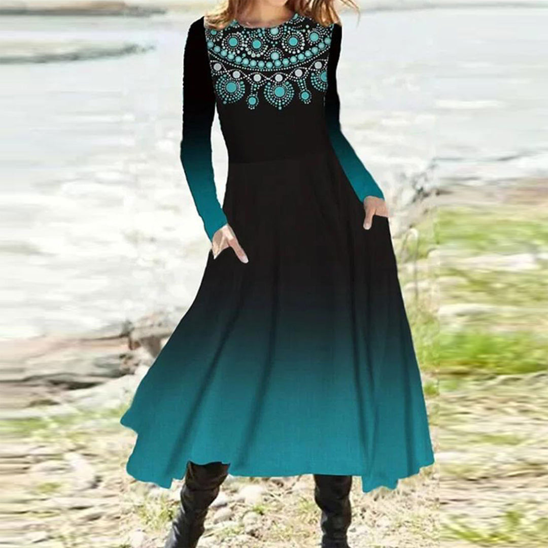 Damen nan fließendes Maxikleid mit Batikkreis-Muster, Rundhalsausschnitt, Taillennaht und Eingrifftaschen Drune