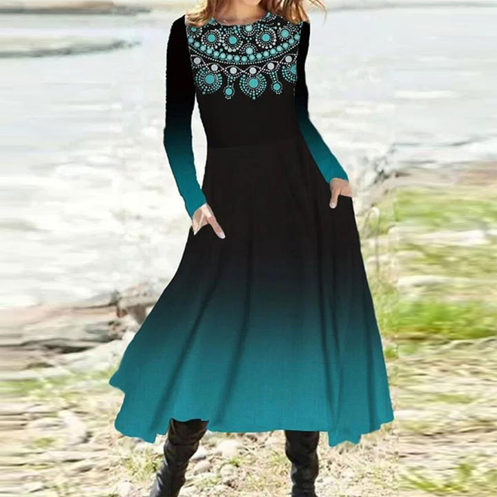 Damen nan fließendes Maxikleid mit Batikkreis-Muster, Rundhalsausschnitt, Taillennaht und Eingrifftaschen Drune