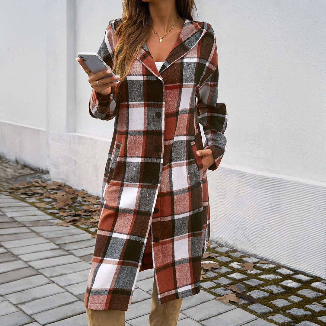 Damen nan lockeres Kapuzen-Hemdkleid mit karierter Flanelloptik, durchgehender Knopfleiste und hohem Beinschlitz Drune