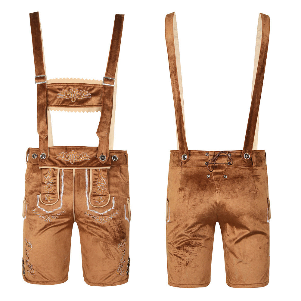 Herren Trachten-Lederhose mit kunstvollen Verzierungen und verstellbaren Trägern Drune