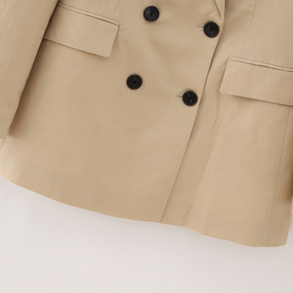 Damen Doppelreihiger Longblazer im minimalistischen Tailoring-Stil mit Peak-Revers Drune