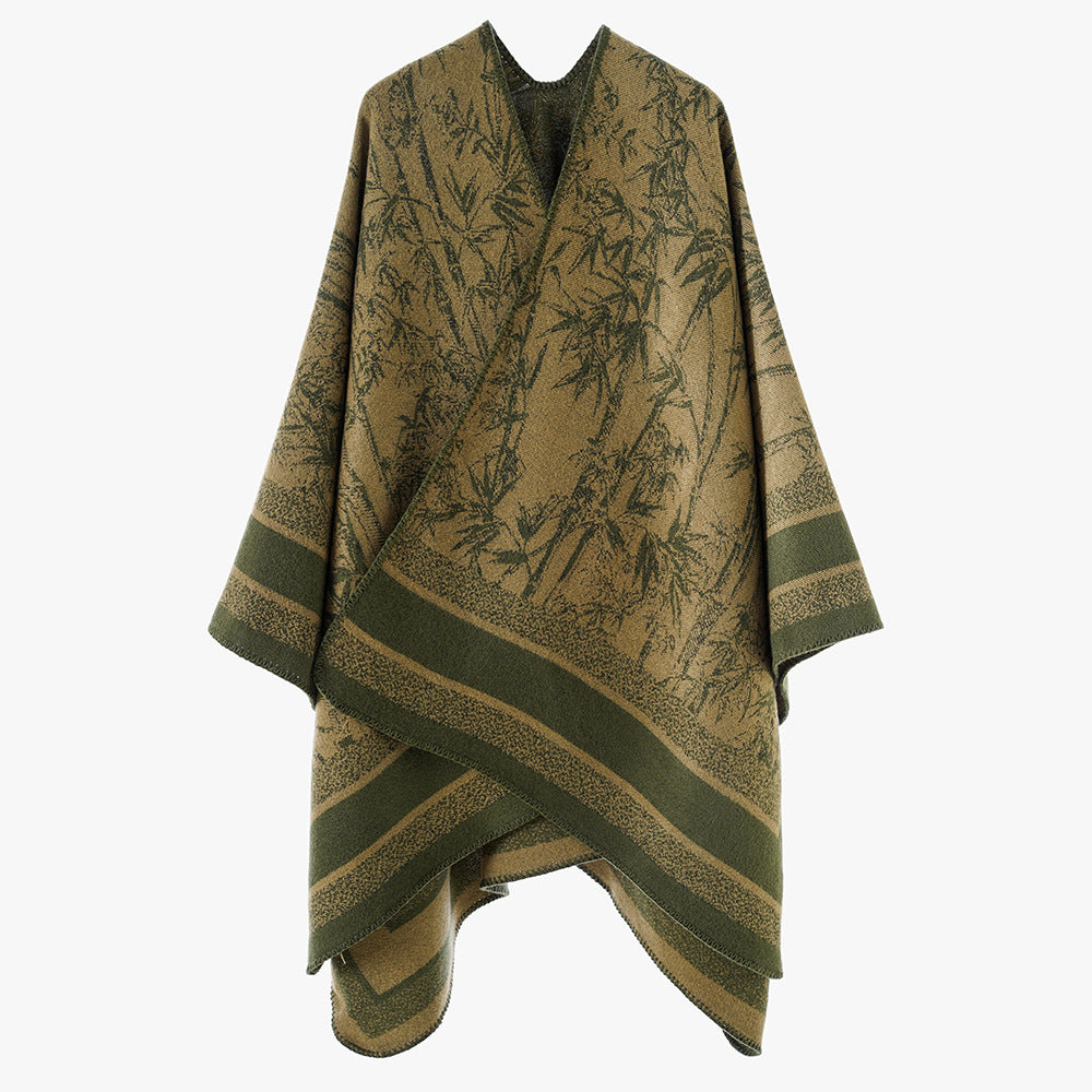 Damen Grobgewebter Jacquard-Capeponcho mit Bambusmotiv und asymmetrischem Zipfelsaum Drune