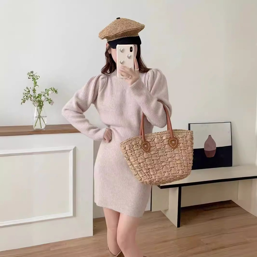 Damen elegantes Strickkleid mit figurbetonter Silhouette und Puffärmeln Drune