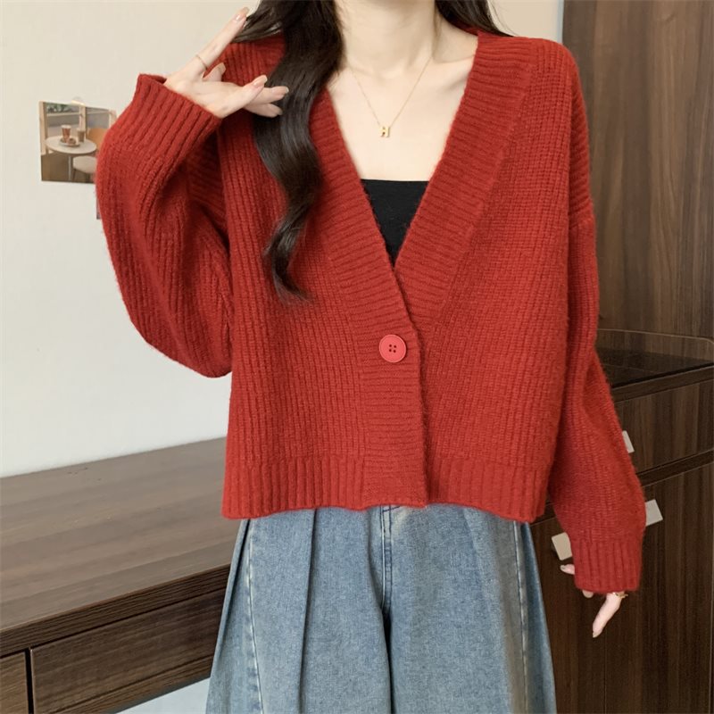 Damen trendige Strickjacke mit tiefem V-Ausschnitt und Knopfverschluss Drune