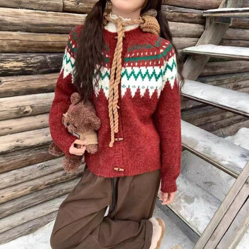 Damen Gemütlicher Strickpullover mit traditionellem Norweger-Muster und Kapuze Drune