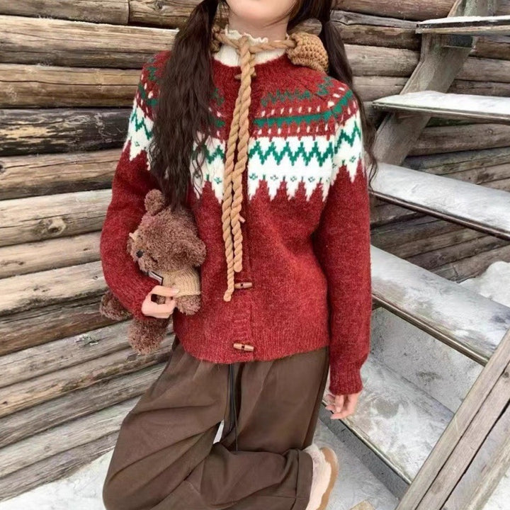 Damen Gemütlicher Strickpullover mit traditionellem Norweger-Muster und Kapuze Drune