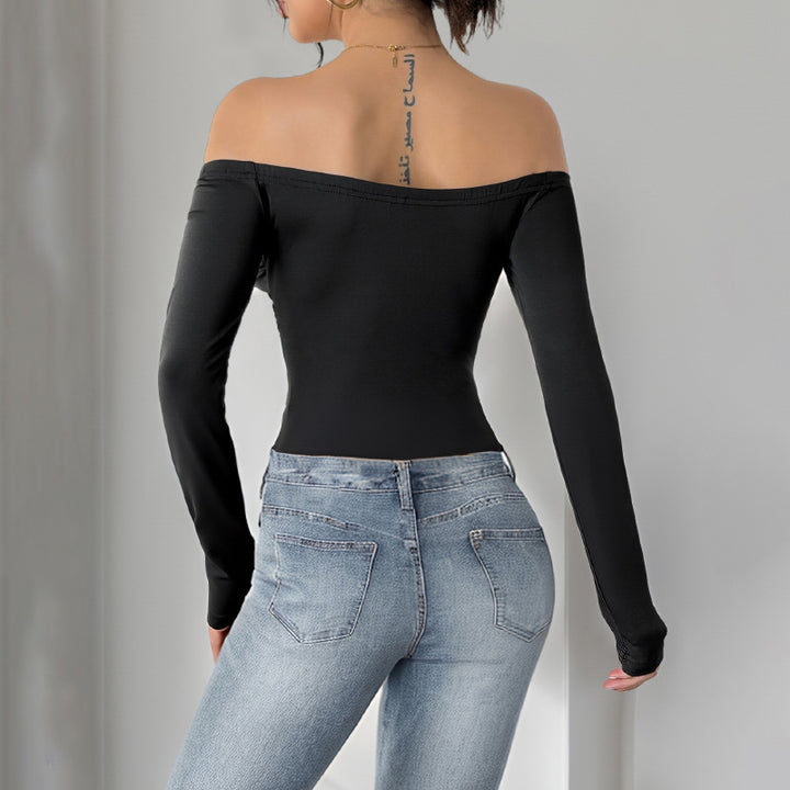Damen Schulterfreies Longsleeve mit Rosenapplikation und taillierter Raffung Drune