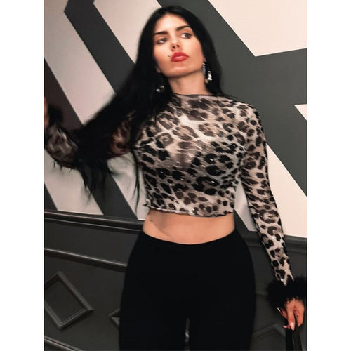 Damen Crop-Top mit Fluff-Ärmeln und Leopardenmuster Drune