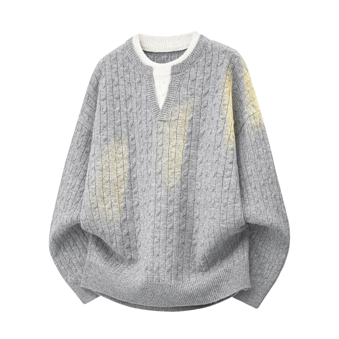 Damen Oversize Zopfstrick-Pullover mit V‑Ausschnitt und Lagenkragen Drune