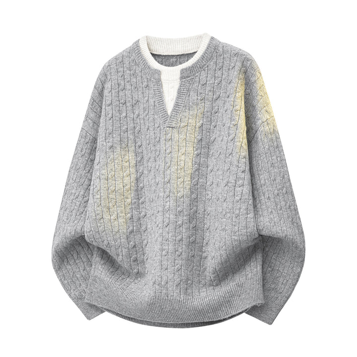 Damen Oversize Zopfstrick-Pullover mit V‑Ausschnitt und Lagenkragen Drune