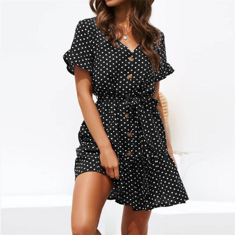 Damen Kurzarm Volantkleid mit gepunktetem Design und Taillengürtel Drune