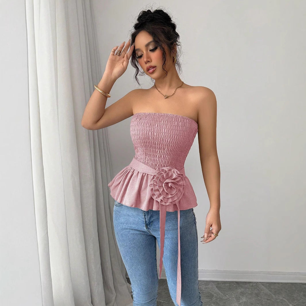 Damen nan figurbetontes trägerloses Smok-Oberteil mit Volant-Peplum und dekorativer Stoffblume Drune