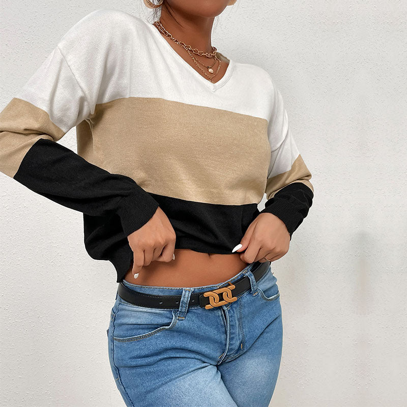 Damen Eleganter V‑Ausschnitt Feinstrickpullover mit breiten Blockstreifen Drune