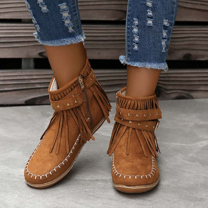 Drune | Boho Stiefelette Mit Fransen Und Schnallen Für Damen