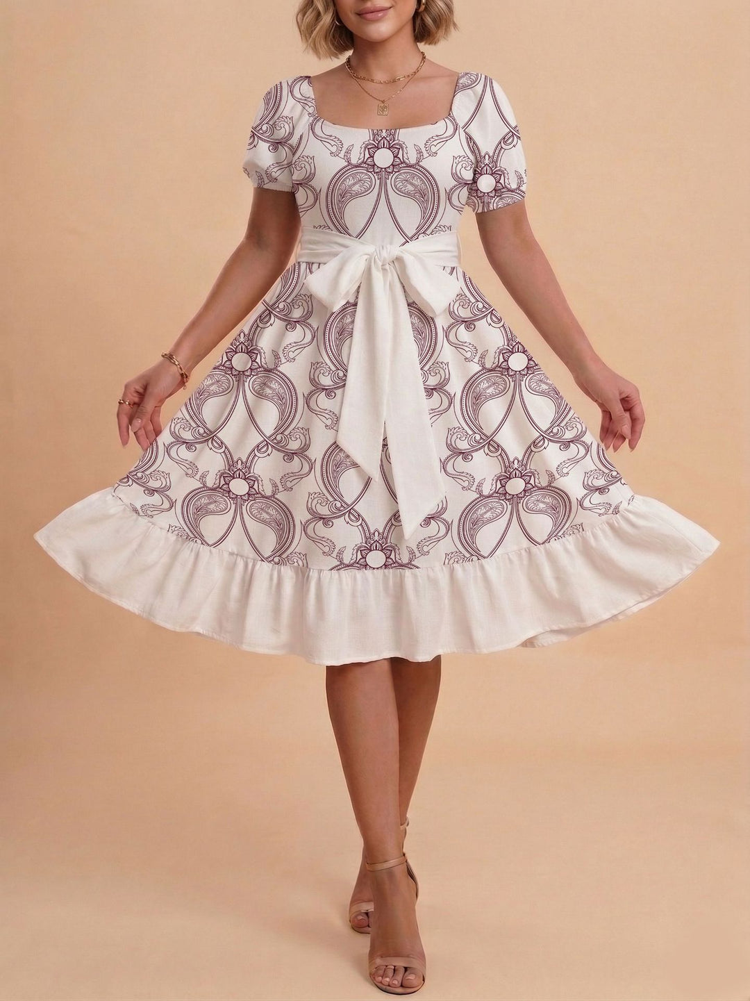 Damen Retro Maxikleid mit Puffärmeln und Taillengürtel Drune
