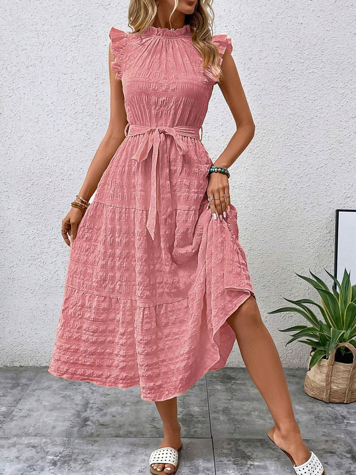 Damen Midikleid mit Stehkragen, Rüschenärmeln und Taillengürtel Drune