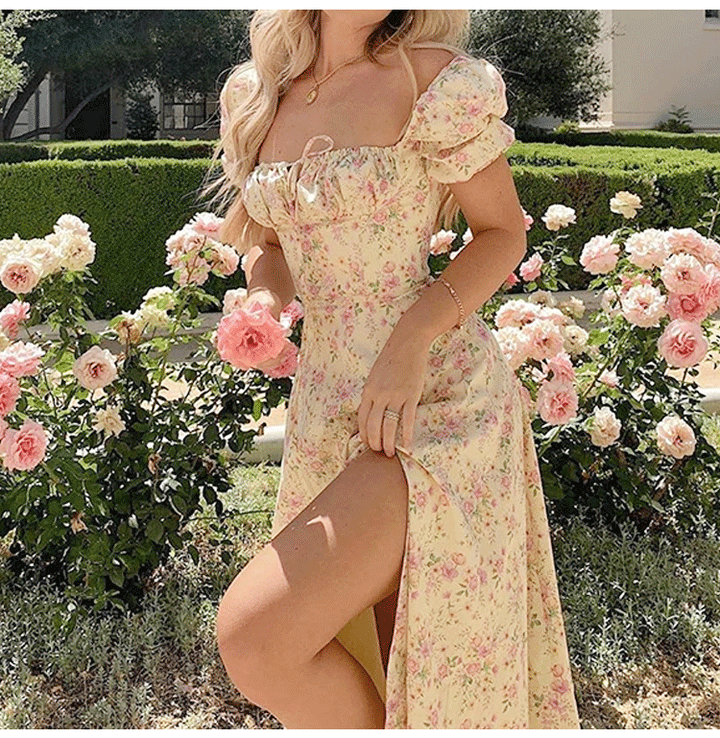 Damen romantisches Maxi-Kleid mit elastischen Puffärmeln und zartem Blumendruck Drune