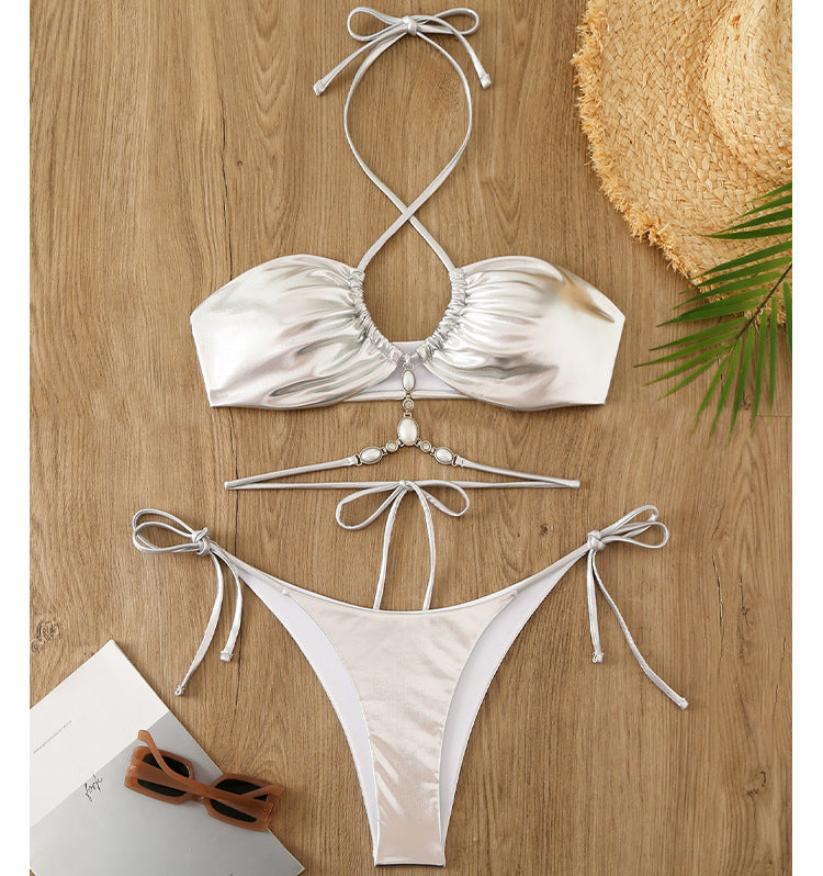 Damen Glänzender Bikini mit Neckholder-Design Drune