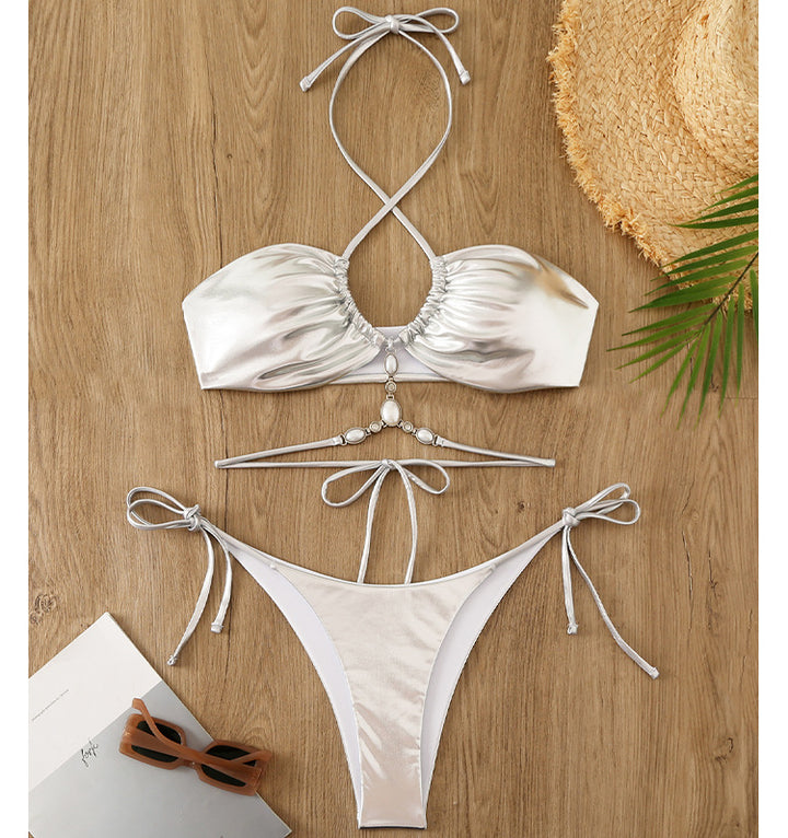 Damen Glänzender Bikini mit Neckholder-Design Drune