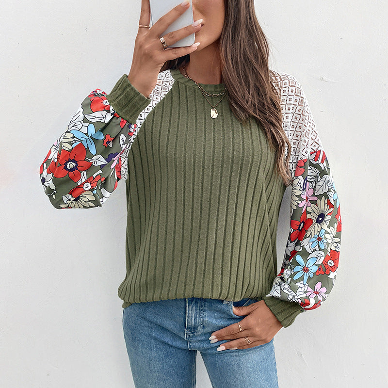 Damen Modischer Pullover mit floralen Ärmeln Drune