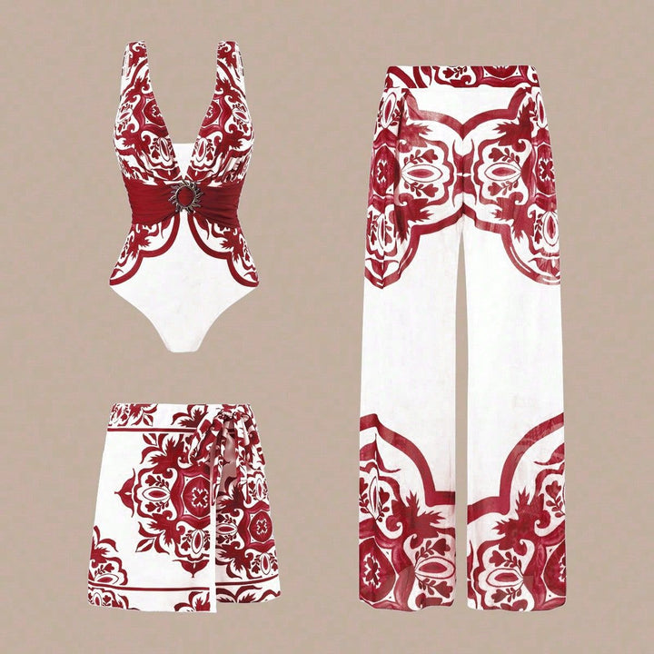 Damen Eleganter Badeanzug mit passendem Strandhosen-Set Drune