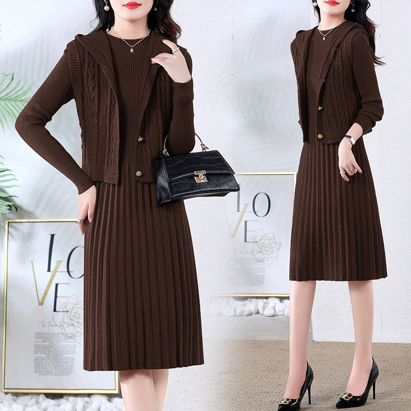 Damen elegantes Strickkleid mit großem Kragen und Knopfdetails Drune