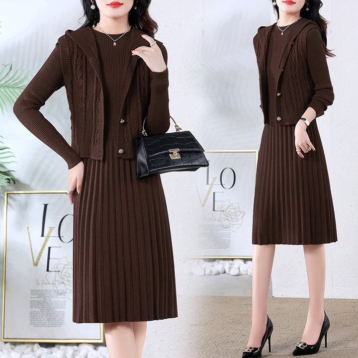 Damen elegantes Strickkleid mit großem Kragen und Knopfdetails Drune