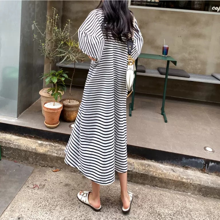 Damen Gestreiftes Midikleid mit A‑Linie, überschnittenen Schultern und voluminösen 3/4‑Ärmeln Drune
