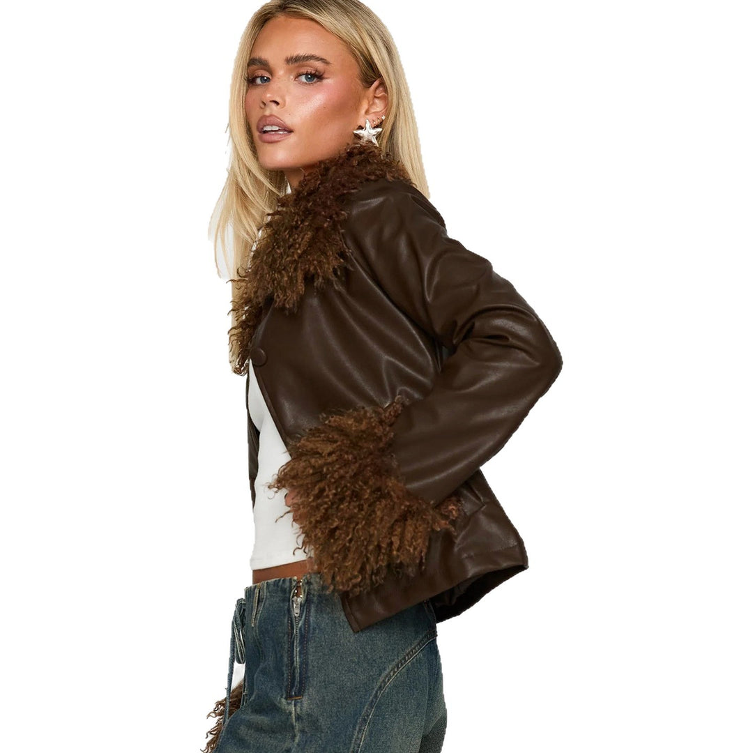 Damen nan kurze Kunstlederjacke mit voluminösem Fellkragen und Fellmanschetten Drune