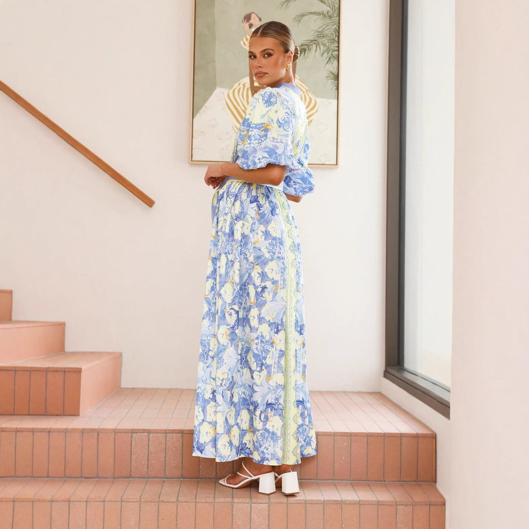 Damen Maxikleid mit floralem Knopfleisten-Design und tailliertem Gürtel Drune