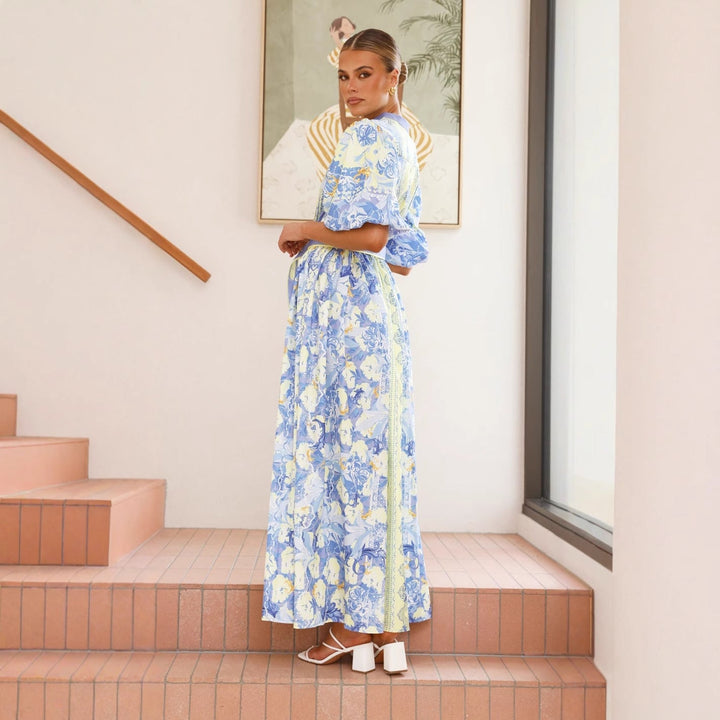Damen Maxikleid mit floralem Knopfleisten-Design und tailliertem Gürtel Drune