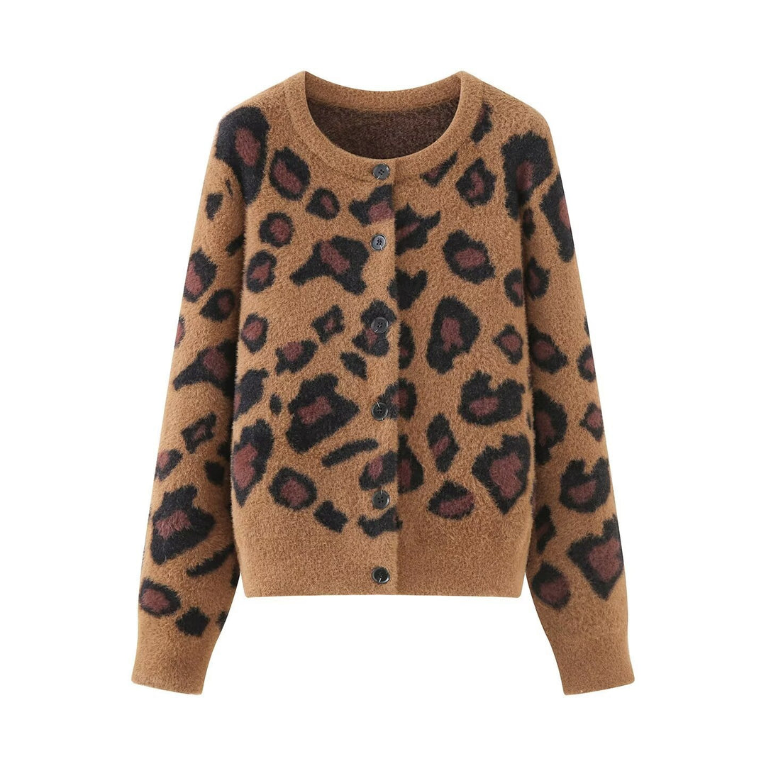 Damen Flauschige Strickjacke im Leo‑Print mit Rundhalsausschnitt und Knopfleiste Drune