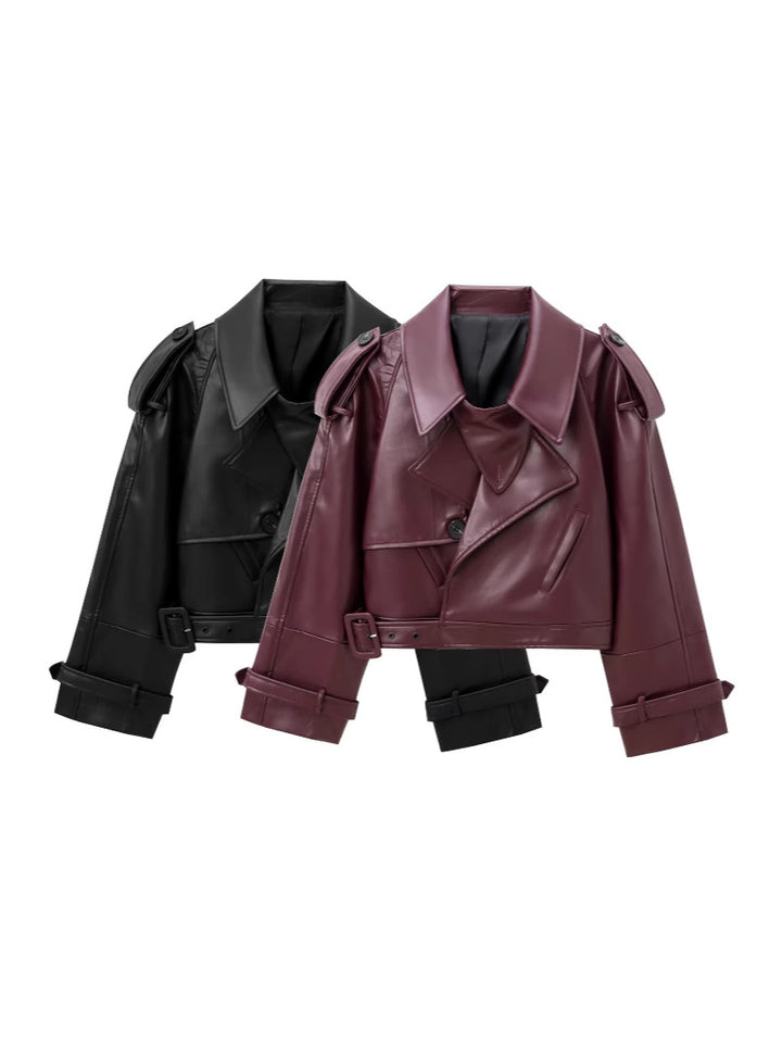 Damen cropped Leder Motorradjacke mit asymmetrischem Revers Drune