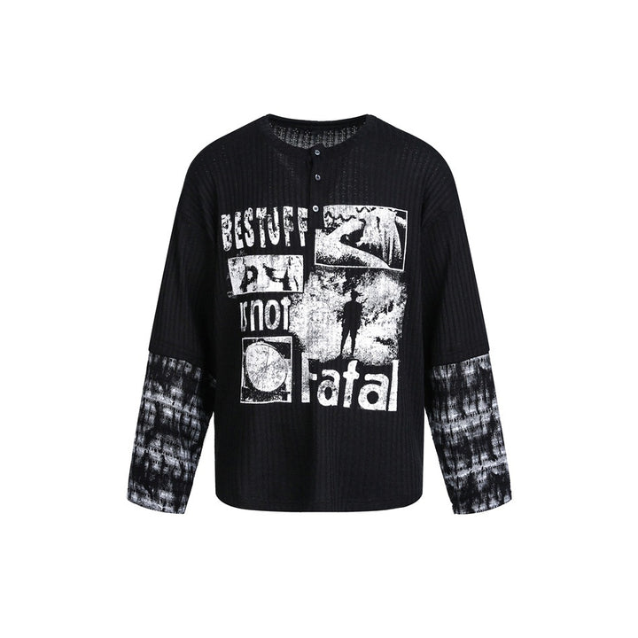 Herren Langarm-Rippstrick-Shirt mit Henley-Knopfleiste und kontrastierendem Grafikprint Drune
