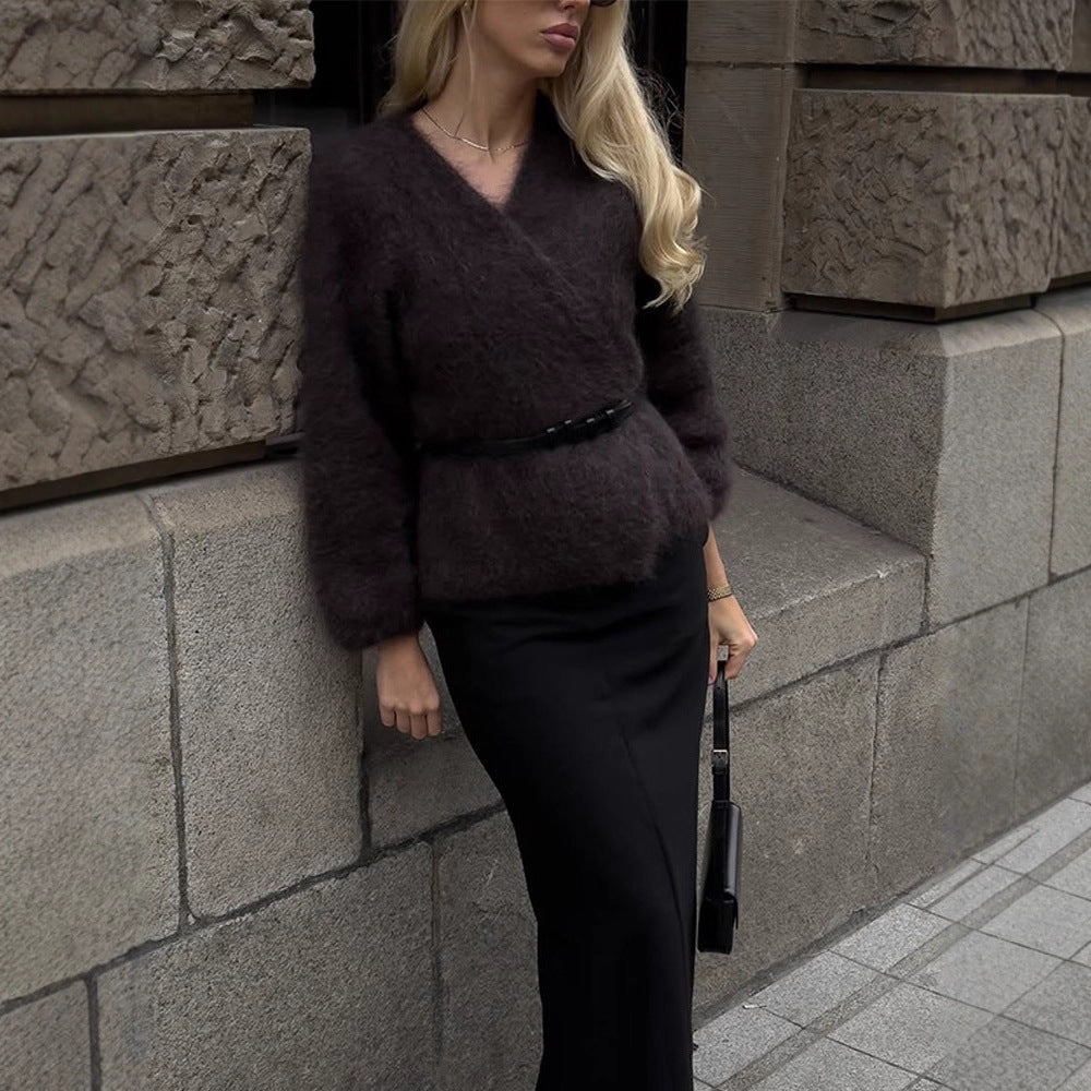 Damen Flauschiger Mohair-Pullover mit Ballonärmeln und leichtem Cropped-Schnitt Drune