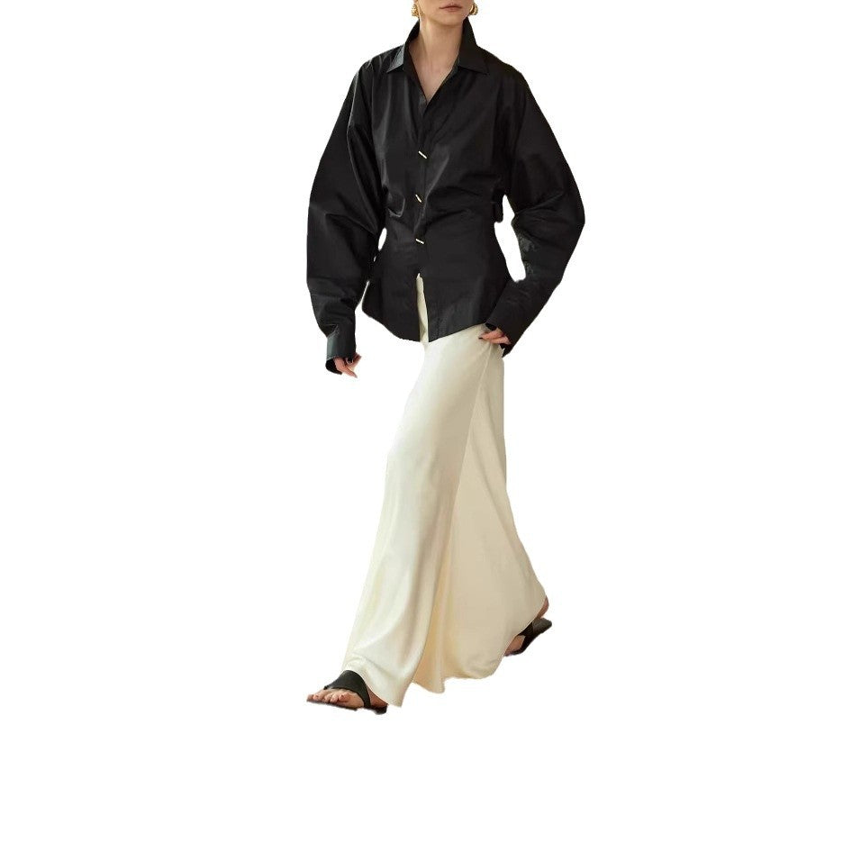 Damen Oversize-Bluse mit Ballonärmeln und taillierter V‑Schlitz-Form Drune