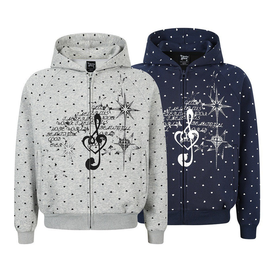 Damen Zip‑Hoodie im Herz-Allover mit Notenschlüssel‑Print und Kängurutaschen Drune