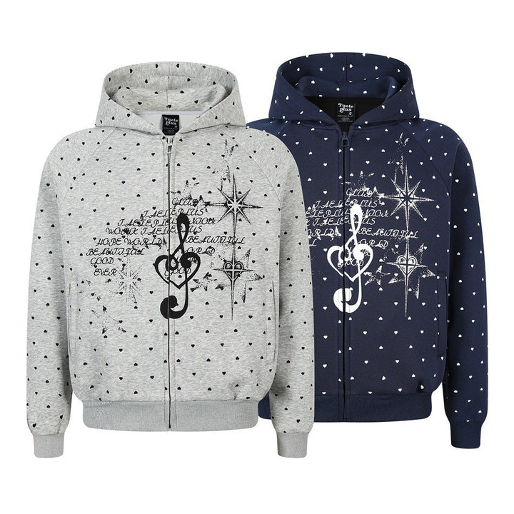 Damen Zip‑Hoodie im Herz-Allover mit Notenschlüssel‑Print und Kängurutaschen Drune
