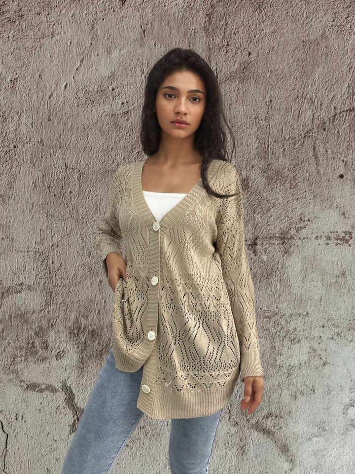 Damen Strickcardigan mit luftigen Mustern und Knopfdetails Drune