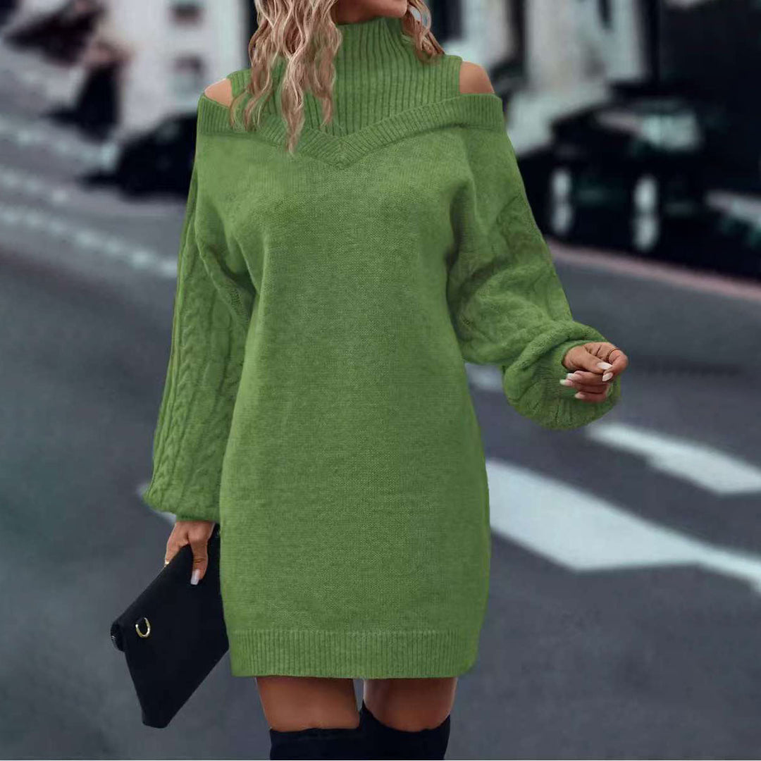 Damen Strickkleid mit Schulterauschnitten und hochgeschlossenem Kragen Drune