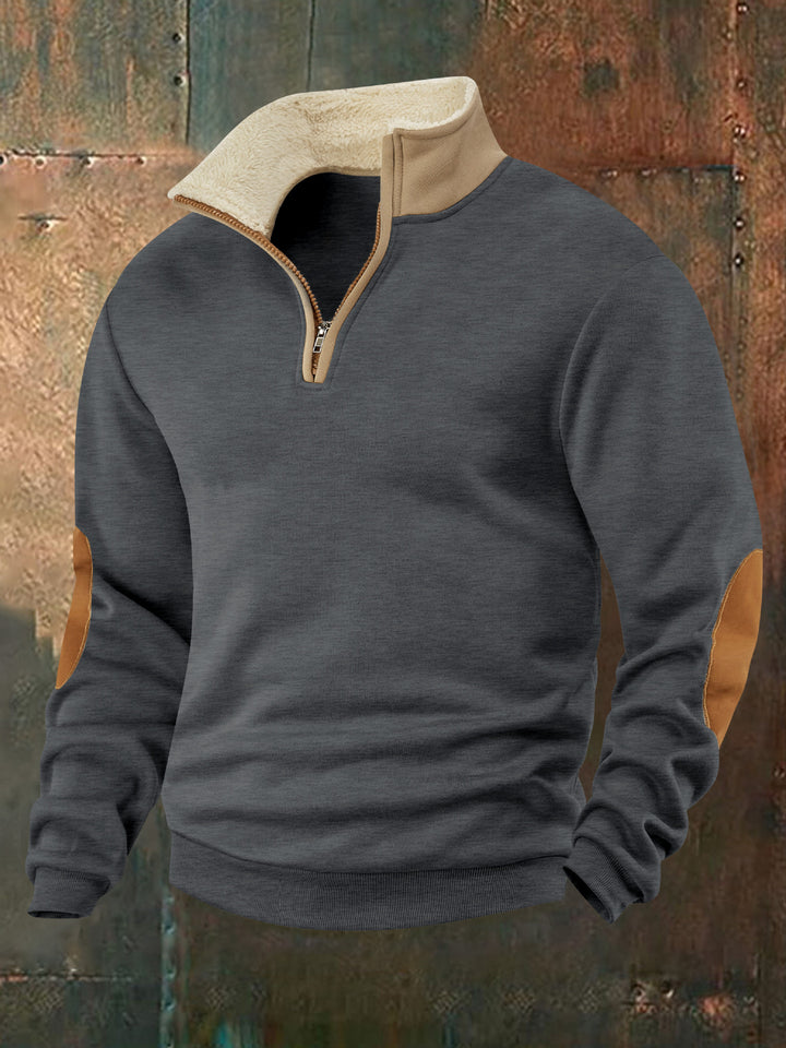 Herren nan Fleece-Halbzippullover mit Sherpa-Kragen und Ellenbogenpatches Drune